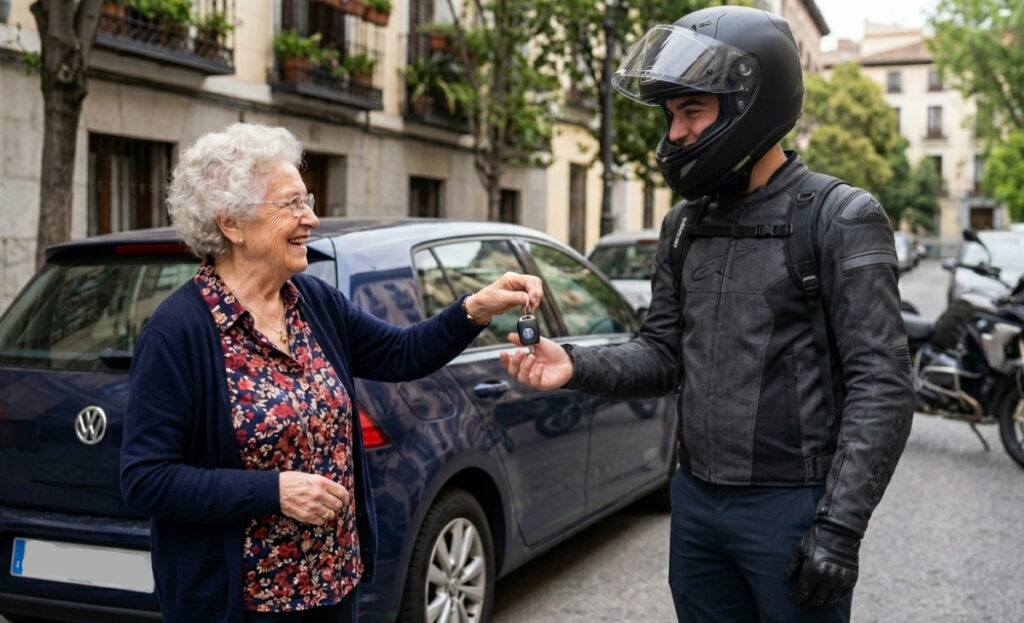Rider recogiendo llaves de coche de una señora mayor