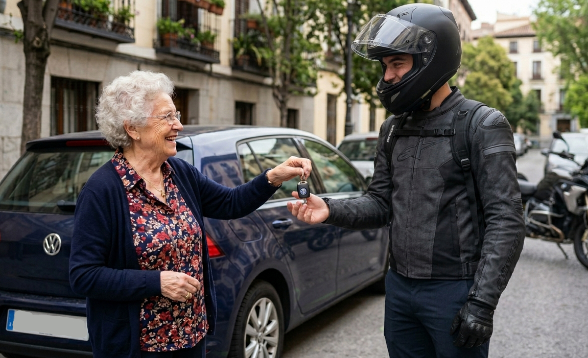 Rider recogiendo llaves de coche de una señora mayor